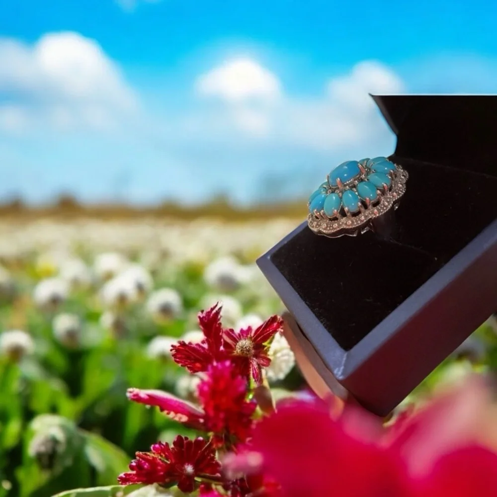 Sleeping Beauty Turquoise Squash Blossom Ring size 5-5.25 ~ Exquisite